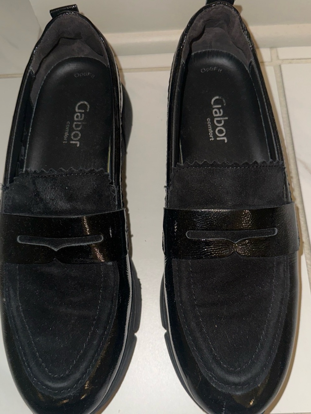 Gabor Black Suede and Patent Trim Slip-On Loafers